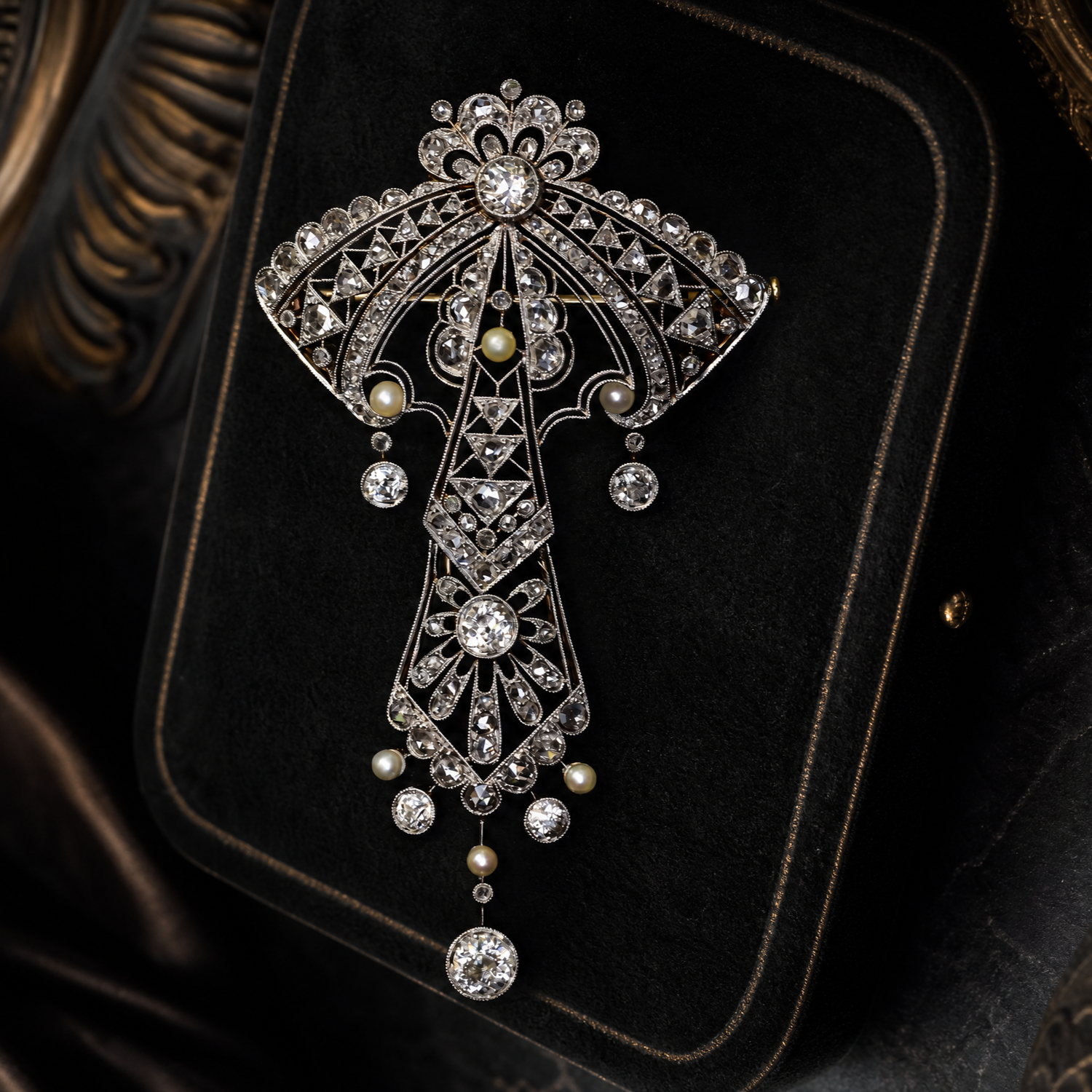 Belle Époque Platinum 18k Antique Large Diamond & Pearl